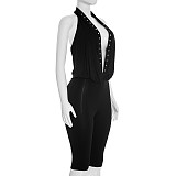 2026 Sexy Hot Girl Style Studded Halter Neck Backless Capri Jumpsuit RS-25JP015