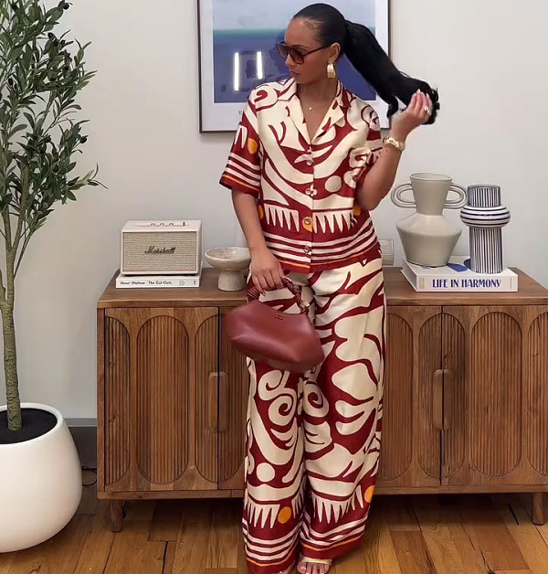 Fashionable Printed Shirt and High-Waisted Wide-Leg Trousers Two-Piece Set QZ-6749