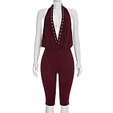 2026 Sexy Hot Girl Style Studded Halter Neck Backless Capri Jumpsuit RS-25JP015