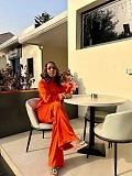 2026 Fashionable Lapel Button-Down Fur Sleeve Solid Color Shirt and Trousers Set QZ-8303