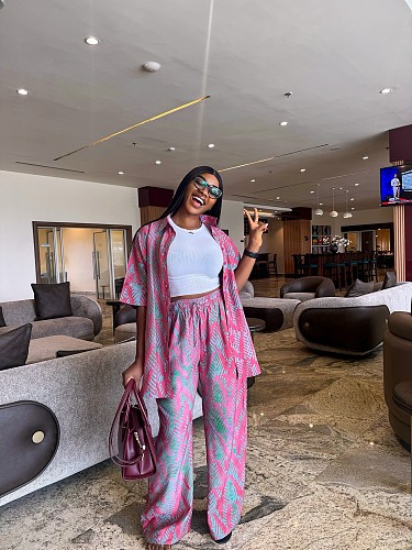 Casual Loose-fitting Collared Printed Shirt and High-waisted Wide-leg Trousers Two-Piece Set QZ-7349