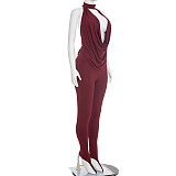 2026 Solid Color Halter Neck Backless Tie-Neck Top and Toe Ring Pants Two-Piece Set RS-26ST020