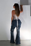 2026 Fashionable Lace-up Distressed Workwear Flared Jeans RS-508