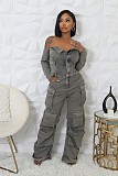 2026 Sexy Strapless Off-Shoulder Multi-Pocket Washed Straight-Leg Denim Jumpsuit RS-506