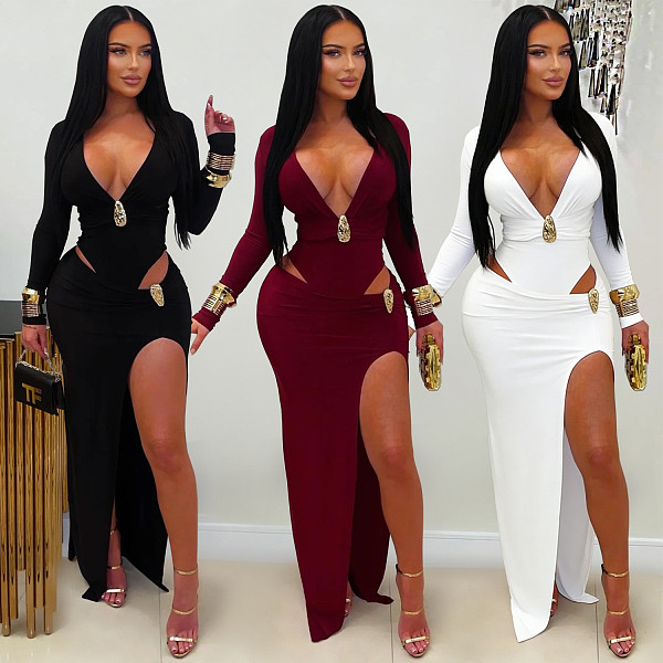2026 Sexy V-neck Solid Color Long Sleeve Bodycon Dress BY-7631