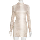 Half Turtleneck Light Color Snake Print Long Sleeve Hip Short Dress XYWL-25DS369