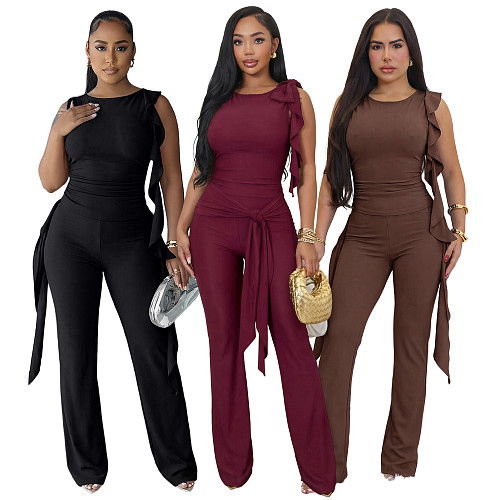 Fashionable and Unique Lace-up Ruffled Vest and Flared Pants Set ASL-6816