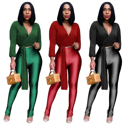 Fashion Chiffon Top + Metallic Pants Two-Piece Set YD-1084