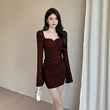 Sexy Sparkling Square Neck Long Sleeve Bodycon Dress SUM-25443
