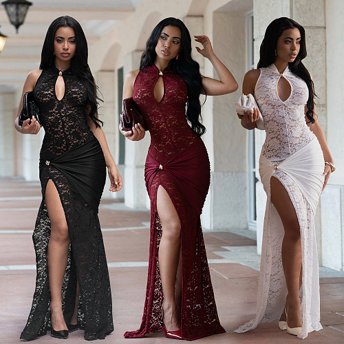 Sexy Lace Hollow-Out Slit Slim Fit Dress BY-7641
