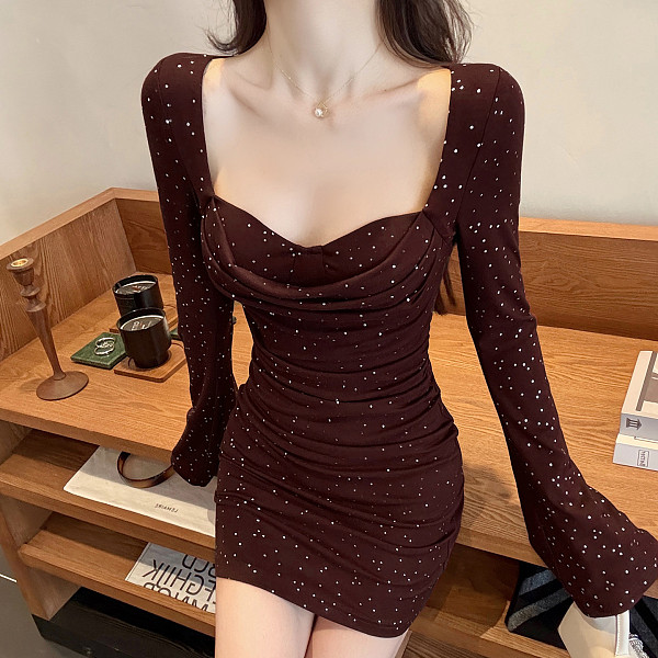 Sexy Sparkling Square Neck Long Sleeve Bodycon Dress SUM-25443