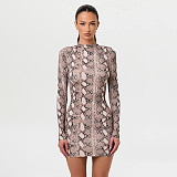 Half Turtleneck Light Color Snake Print Long Sleeve Hip Short Dress XYWL-25DS369