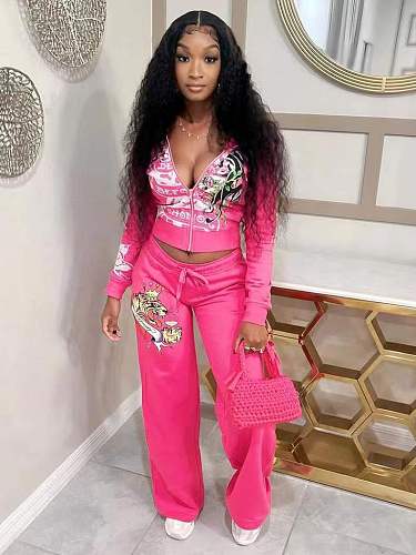 Fashion Rose Red Printed Sweatshirt Set MJL-601