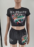 Fashionable Black Position Print Short-Sleeve and Shorts Set MJL-XX513
