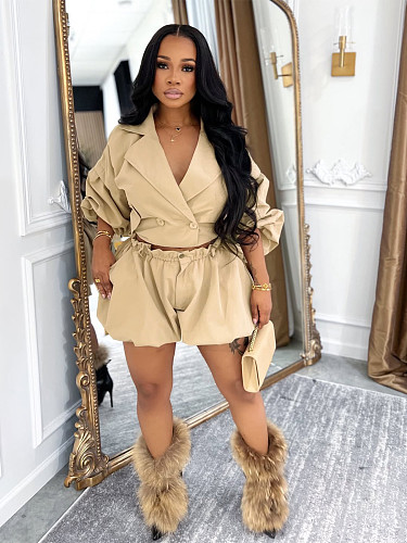 Fashionable Casual Versatile Collared Short Top Jacket and Shorts Set PMR-841