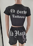 Fashionable Black Position Print Short-Sleeve and Shorts Set MJL-XX513