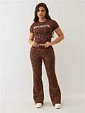 New Fashion Leopard Print Short-Sleeve Top and Flared Pants Two-Piece Set MJL-001