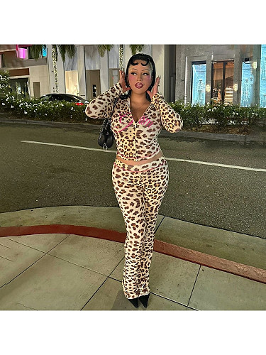 Sexy Leopard Print Color Block Long-Sleeve Pants Suit MJL-711