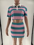 Casual Cropped Striped Shirt and Skirt Set With Color Blocking MJL-XX001