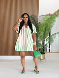 Fashionable and Elegant V-neck Puff Sleeve Striped Pocket Loose Short Dress PMR-840