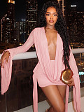 Sexy Mesh Sheer Deep V-Neck Swing Neck Backless Flared Sleeve Bodycon Dress RS-26101