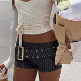 Fashion Striped Metal Buckle Eyelet Denim Shorts MRA-47925