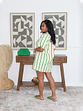 Fashionable and Elegant V-neck Puff Sleeve Striped Pocket Loose Short Dress PMR-840