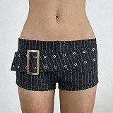 Fashion Striped Metal Buckle Eyelet Denim Shorts MRA-47925
