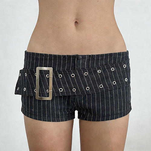 Fashion Striped Metal Buckle Eyelet Denim Shorts MRA-47925
