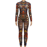 Sexy Hot Girl Mesh See-Through Printed Tight-Fitting Jumpsuit ZJQD-00584