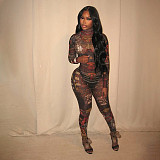 Sexy Hot Girl Mesh See-Through Printed Tight-Fitting Jumpsuit ZJQD-00584