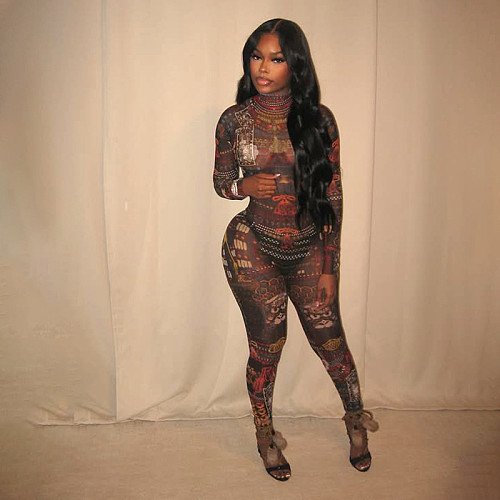 Sexy Hot Girl Mesh See-Through Printed Tight-Fitting Jumpsuit ZJQD-00584