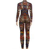 Sexy Hot Girl Mesh See-Through Printed Tight-Fitting Jumpsuit ZJQD-00584