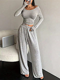 Fashionable Round Neck Long Sleeve Top and High Waist Drawstring Wide-Leg Pants Set RS-L297