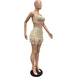 2026 Sexy Knitted Hand-Crossed Tassel Lace-Up Hollow-Out Strapless Mini Dress Set CM-9560