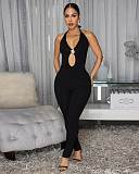 Sexy Solid Color Ribbed Hollow-Out Halter Neck Slim Fit Jumpsuit FN-6056