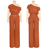 Fashionable Off-Shoulder Asymmetrical Top with Gathered Wide-Leg Pants Set ASL-6818