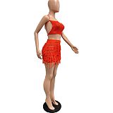 2026 Sexy Knitted Hand-Crossed Tassel Lace-Up Hollow-Out Strapless Mini Dress Set CM-9560