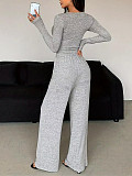 Fashionable Round Neck Long Sleeve Top and High Waist Drawstring Wide-Leg Pants Set RS-L297