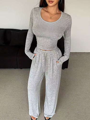 Fashionable Round Neck Long Sleeve Top and High Waist Drawstring Wide-Leg Pants Set RS-L297