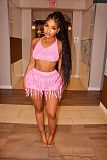2026 Sexy Knitted Hand-Crossed Tassel Lace-Up Hollow-Out Strapless Mini Dress Set CM-9560