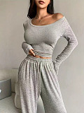 Fashionable Round Neck Long Sleeve Top and High Waist Drawstring Wide-Leg Pants Set RS-L297