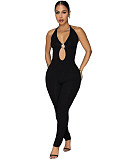 Sexy Solid Color Ribbed Hollow-Out Halter Neck Slim Fit Jumpsuit FN-6056