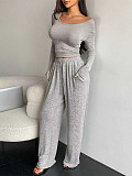 Fashionable Round Neck Long Sleeve Top and High Waist Drawstring Wide-Leg Pants Set RS-L297