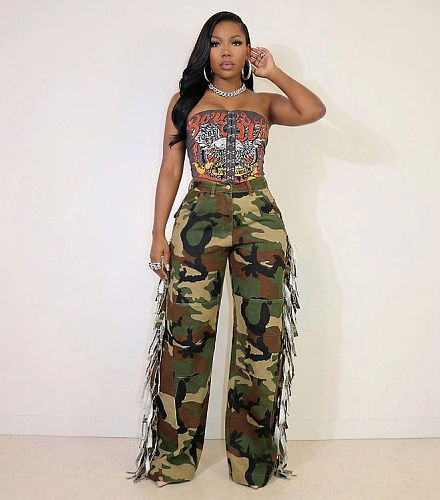 Casual Camouflage Pants With Side Tassel Pockets and Buttons SMJR-8026