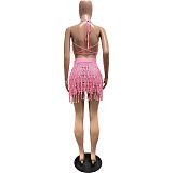2026 Sexy Knitted Hand-Crossed Tassel Lace-Up Hollow-Out Strapless Mini Dress Set CM-9560