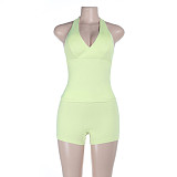 Sexy Sporty Halter Neck Backless Tight Tank Top and Shorts Set FLY-26011