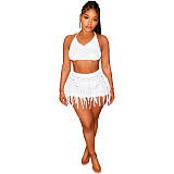2026 Sexy Knitted Hand-Crossed Tassel Lace-Up Hollow-Out Strapless Mini Dress Set CM-9560
