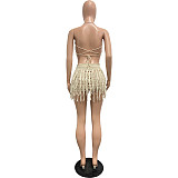 2026 Sexy Knitted Hand-Crossed Tassel Lace-Up Hollow-Out Strapless Mini Dress Set CM-9560