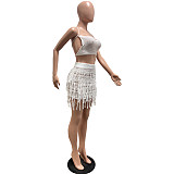 2026 Sexy Knitted Hand-Crossed Tassel Lace-Up Hollow-Out Strapless Mini Dress Set CM-9560